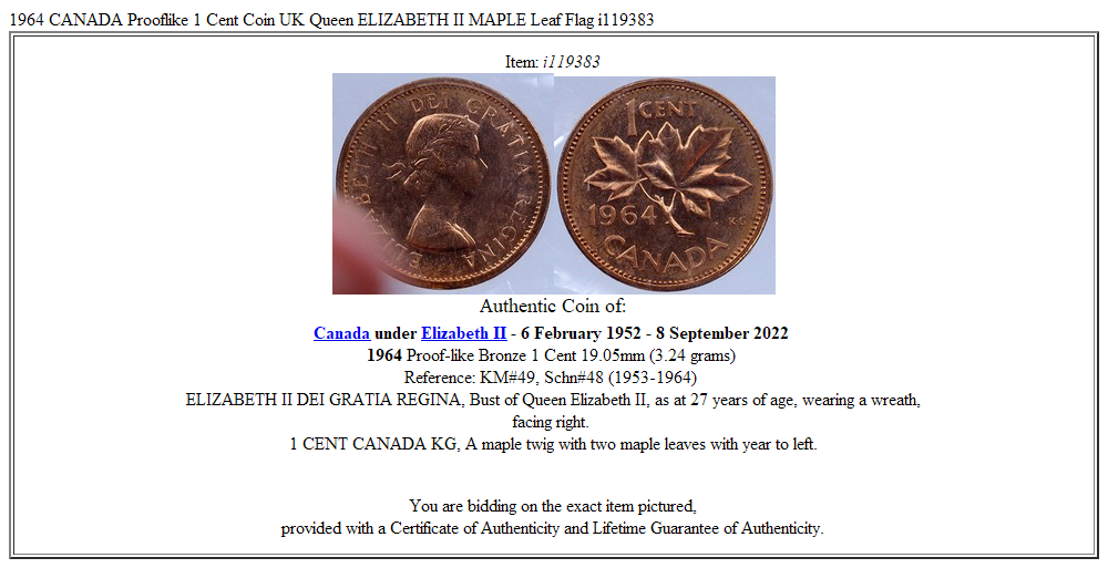 1964 CANADA Prooflike 1 Cent Coin UK Queen ELIZABETH II MAPLE Leaf Flag i119383