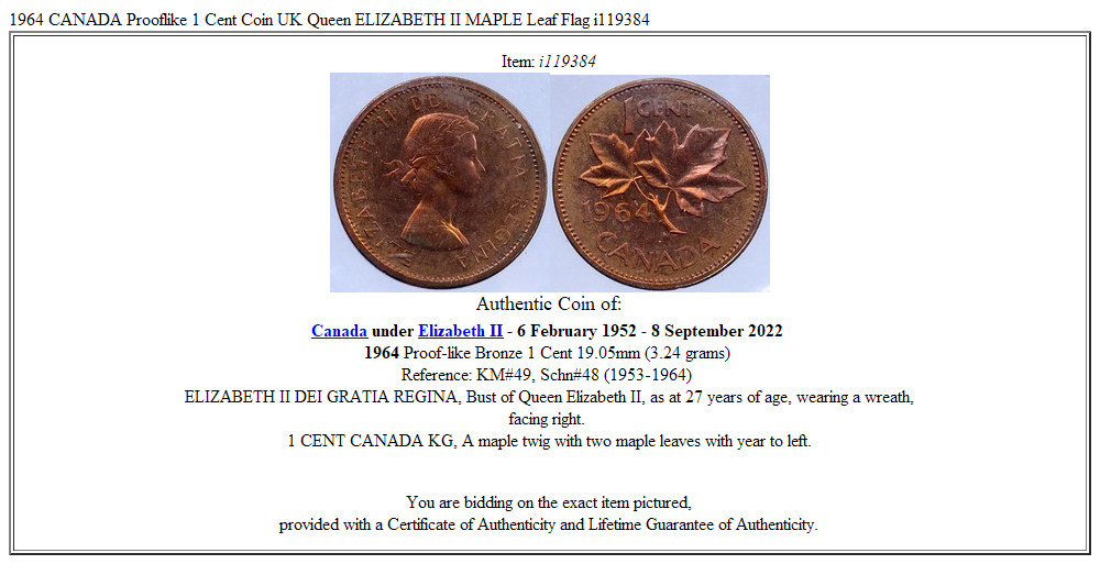 1964 CANADA Prooflike 1 Cent Coin UK Queen ELIZABETH II MAPLE Leaf Flag i119384