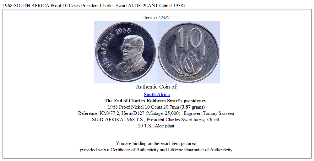 1968 SOUTH AFRICA Proof 10 Cents President Charles Swart ALOE PLANT Coin i119387