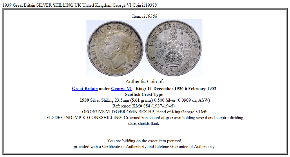 1939 Great Britain SILVER SHILLING UK United Kingdom George VI Coin i119388