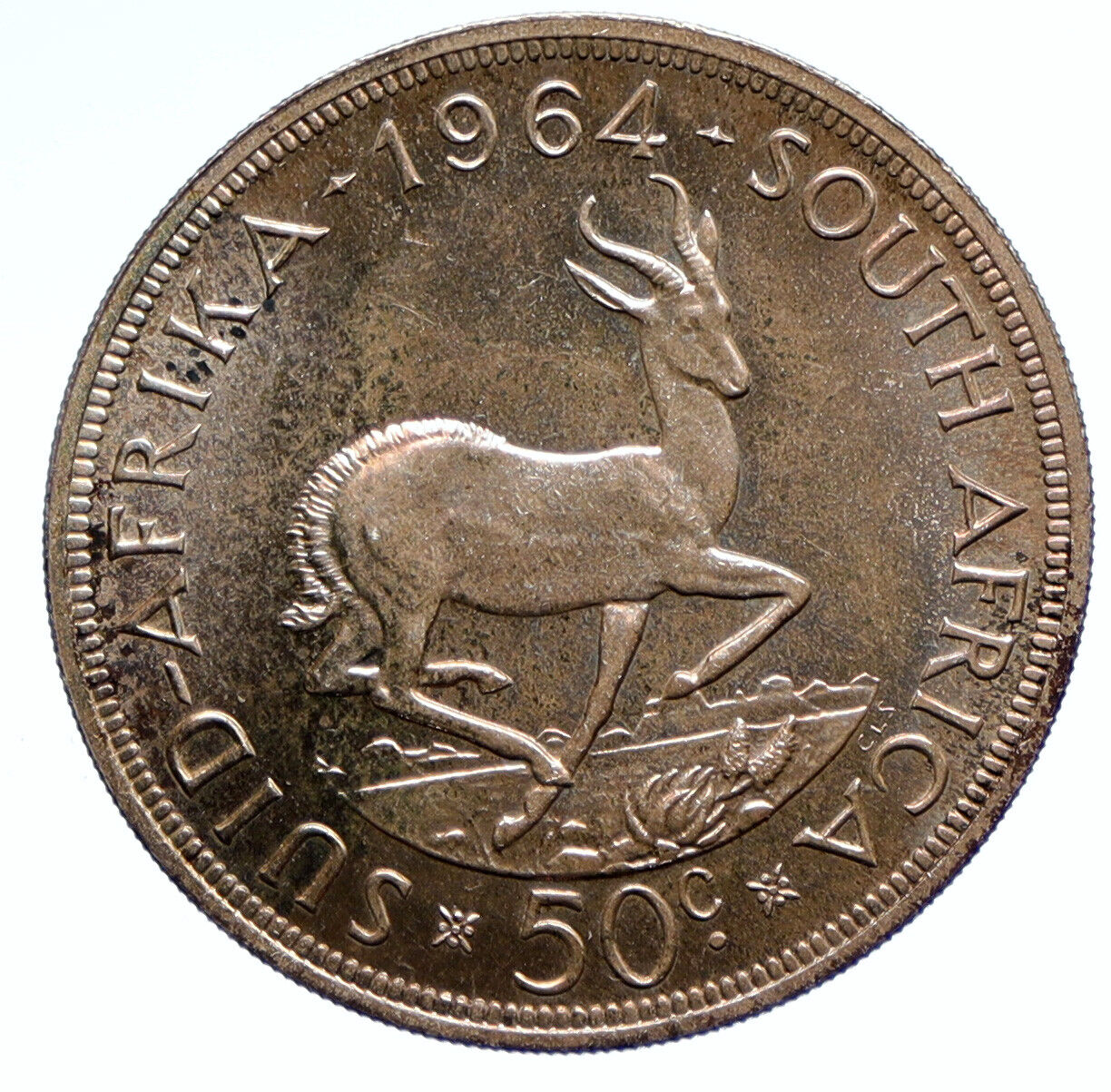 1964 SOUTH AFRICA Founder Jan van Riebeeck Deer OLD Silver 50 Cent Coin i95698