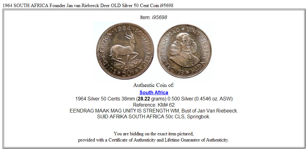 1964 SOUTH AFRICA Founder Jan van Riebeeck Deer OLD Silver 50 Cent Coin i95698