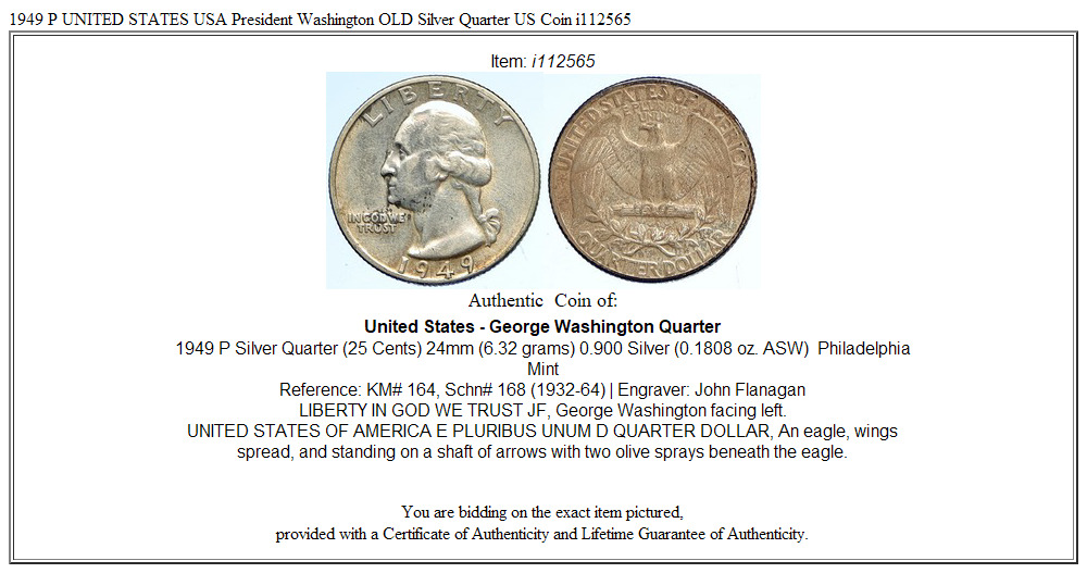 1949 P UNITED STATES USA President Washington OLD Silver Quarter US Coin i112565