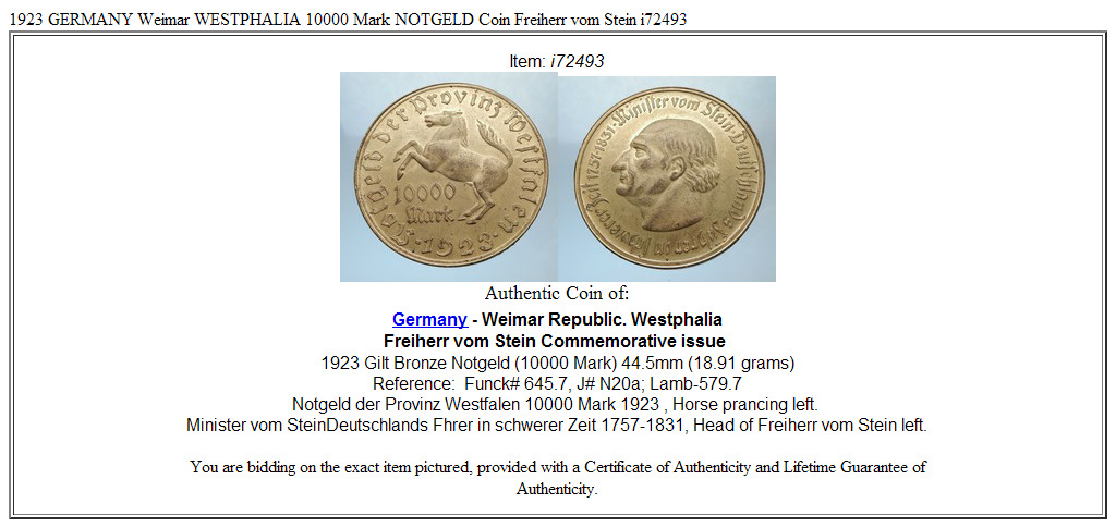 1923 GERMANY Weimar WESTPHALIA 10000 Mark NOTGELD Coin Freiherr vom Stein i72493