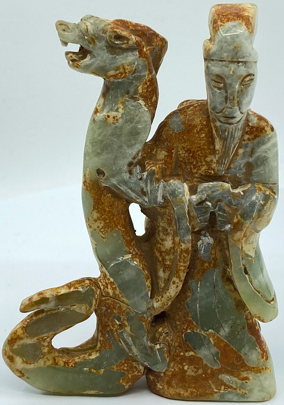 Ancient China Chinese JADE Man with Dragon Figurine Artifact 206BC-220AD i119448
