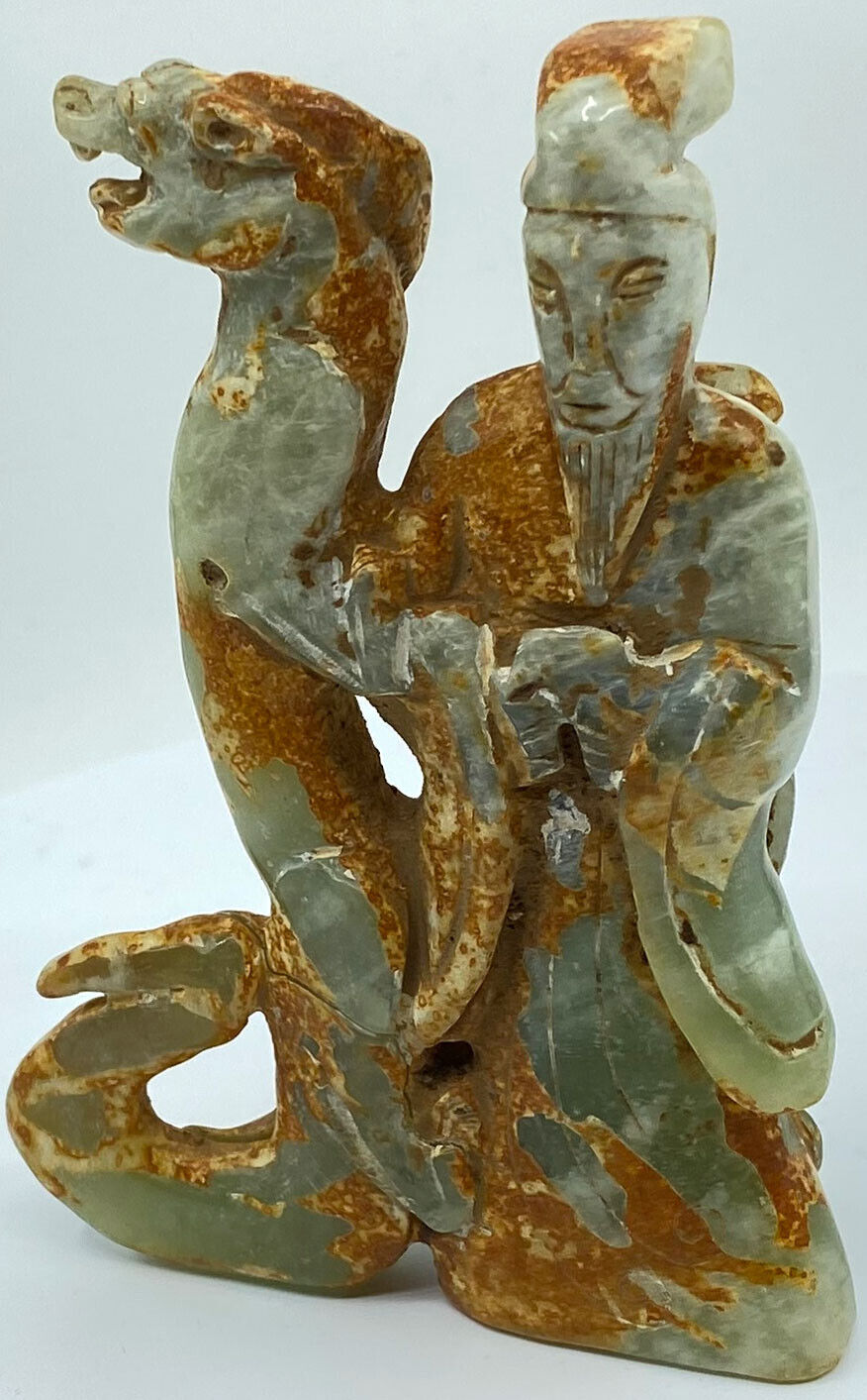 Ancient China Chinese JADE Man with Dragon Figurine Artifact 206BC-220AD i119448