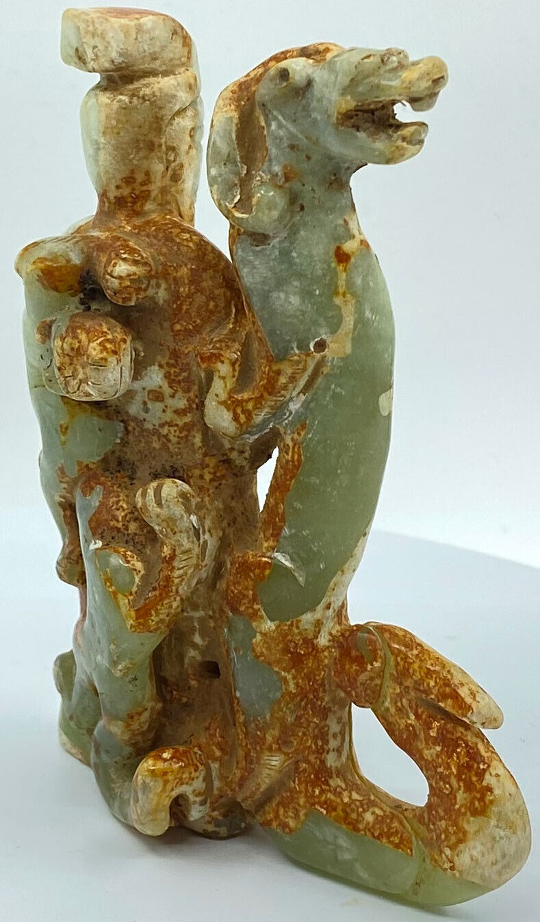 Ancient China Chinese JADE Man with Dragon Figurine Artifact 206BC-220AD i119448