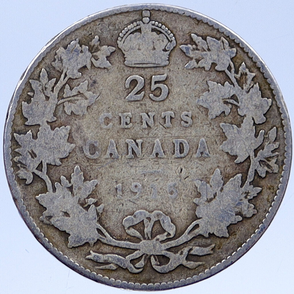 1915 CANADA UK King George V VINTAGE Antique RARE SILVER 25 CENTS Coin i119334