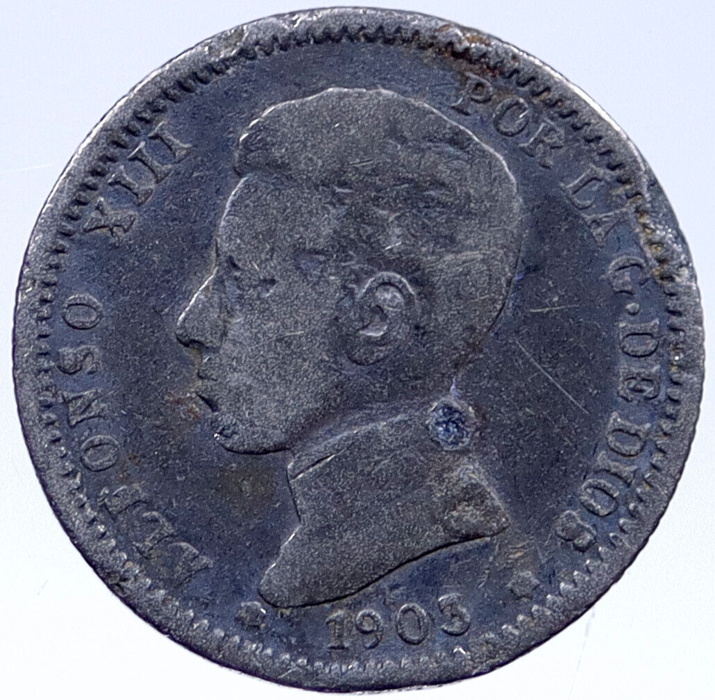 1903 SPAIN Silver 1 Peseta Spanish King ALFONSO XIII Antique Coin i119363