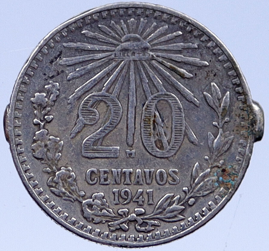 1941 MEXICO Silver 20 Centavos Pythagorian Cap of LIBERTY Antique Coin i119362