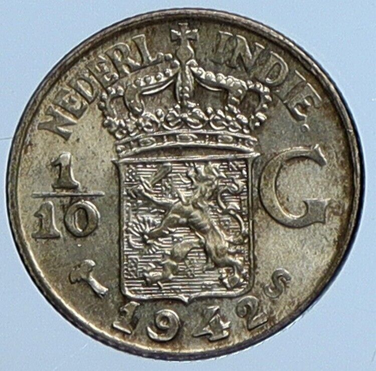 1942 S Netherlands EAST INDIES Queen WILHELMINA Silver 1/10 Gulden Coin i119364
