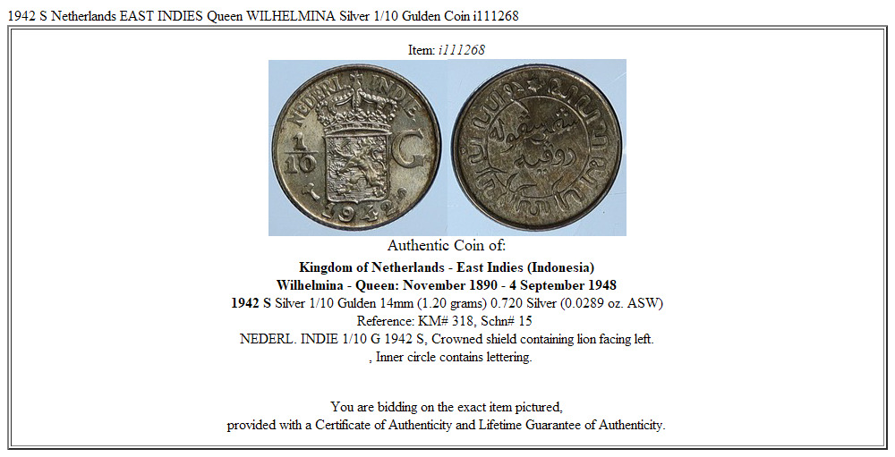 1942 S Netherlands EAST INDIES Queen WILHELMINA Silver 1/10 Gulden Coin i119364