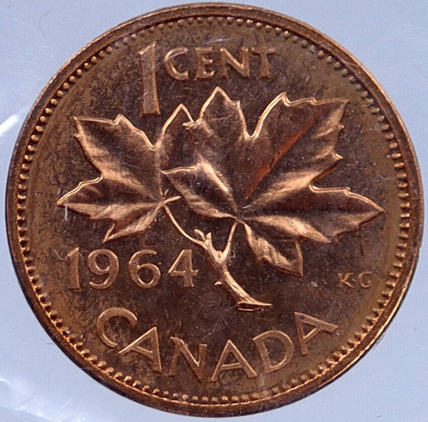 1964 CANADA Prooflike 1 Cent Coin UK Queen ELIZABETH II MAPLE Leaf Flag i119383