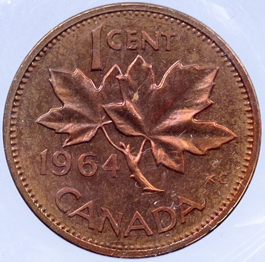 1964 CANADA Prooflike 1 Cent Coin UK Queen ELIZABETH II MAPLE Leaf Flag i119380