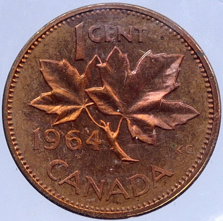 1964 CANADA Prooflike 1 Cent Coin UK Queen ELIZABETH II MAPLE Leaf Flag i119384