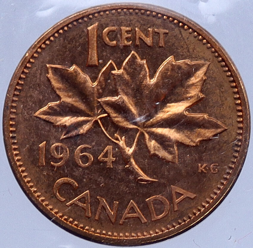 1964 CANADA Prooflike 1 Cent Coin UK Queen ELIZABETH II MAPLE Leaf Flag i119381