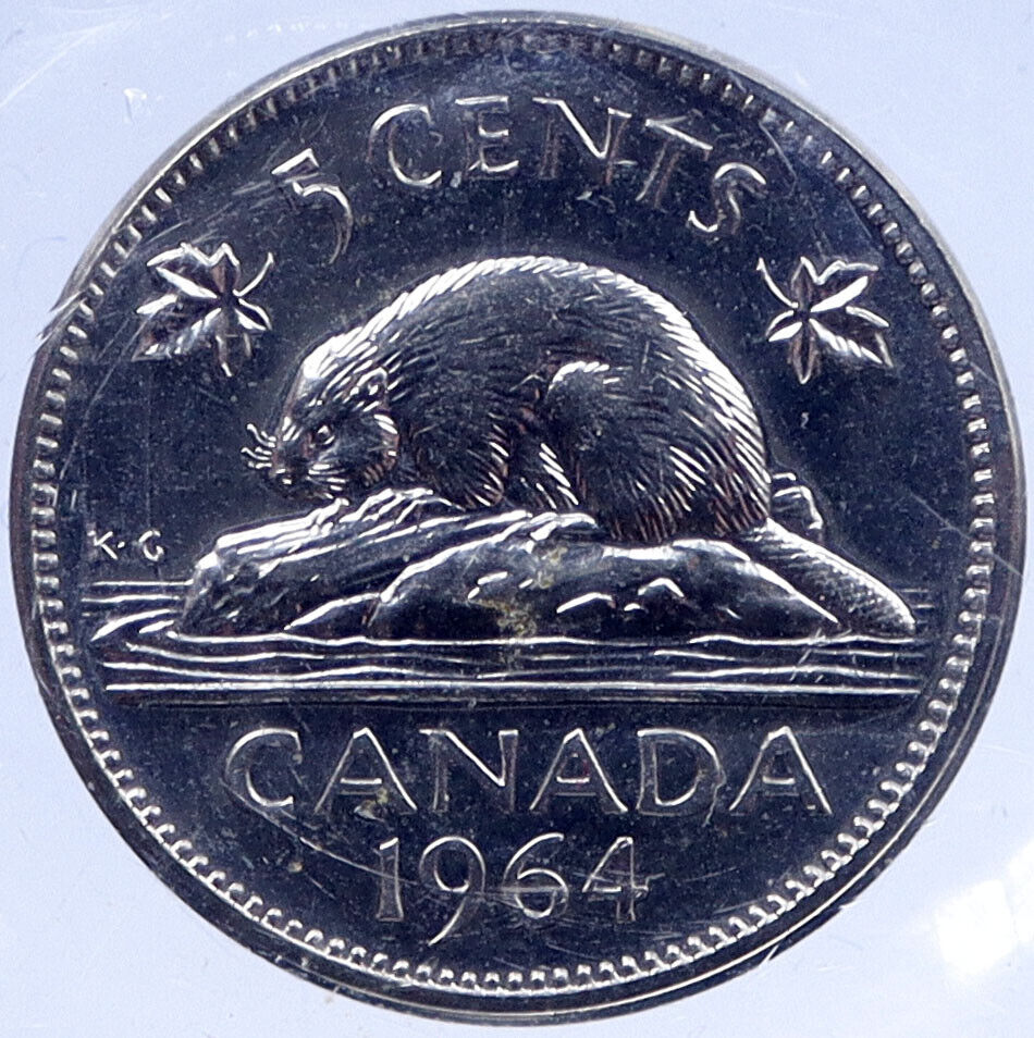 1964 CANADA Prooflike 5 Cents Coin UK Queen ELIZABETH II Canadian Beaver i119385