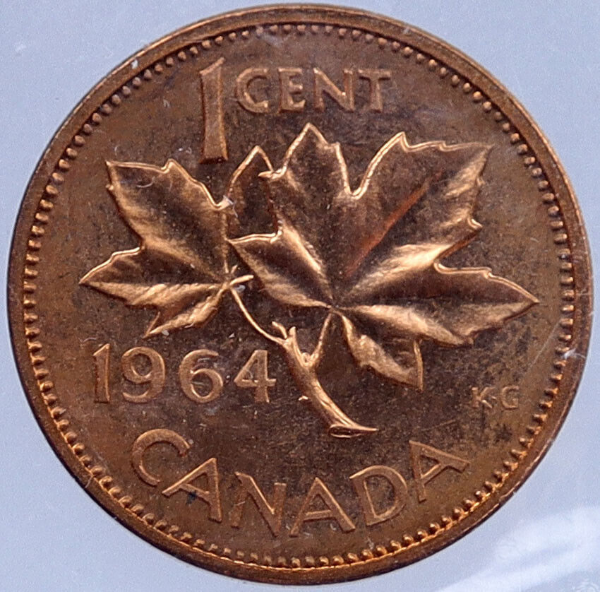 1964 CANADA Prooflike 1 Cent Coin UK Queen ELIZABETH II MAPLE Leaf Flag i119382