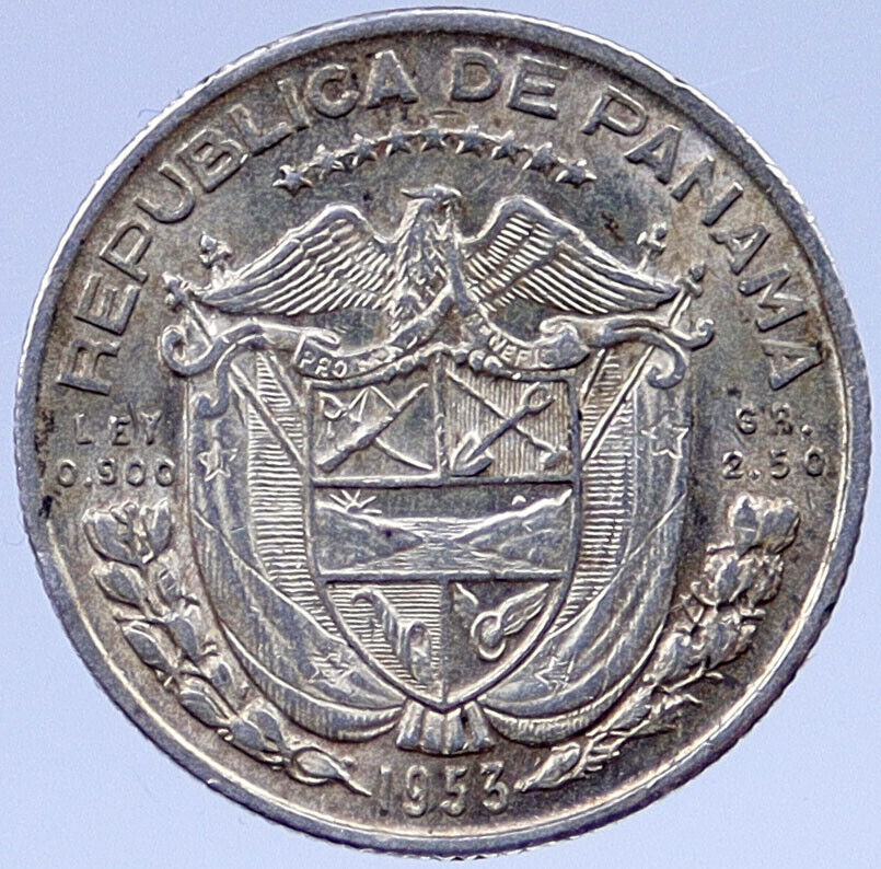 1953 PANAMA Conquistador HERO BALBOA Silver Tenth 1/10th Spanish Coin i119391