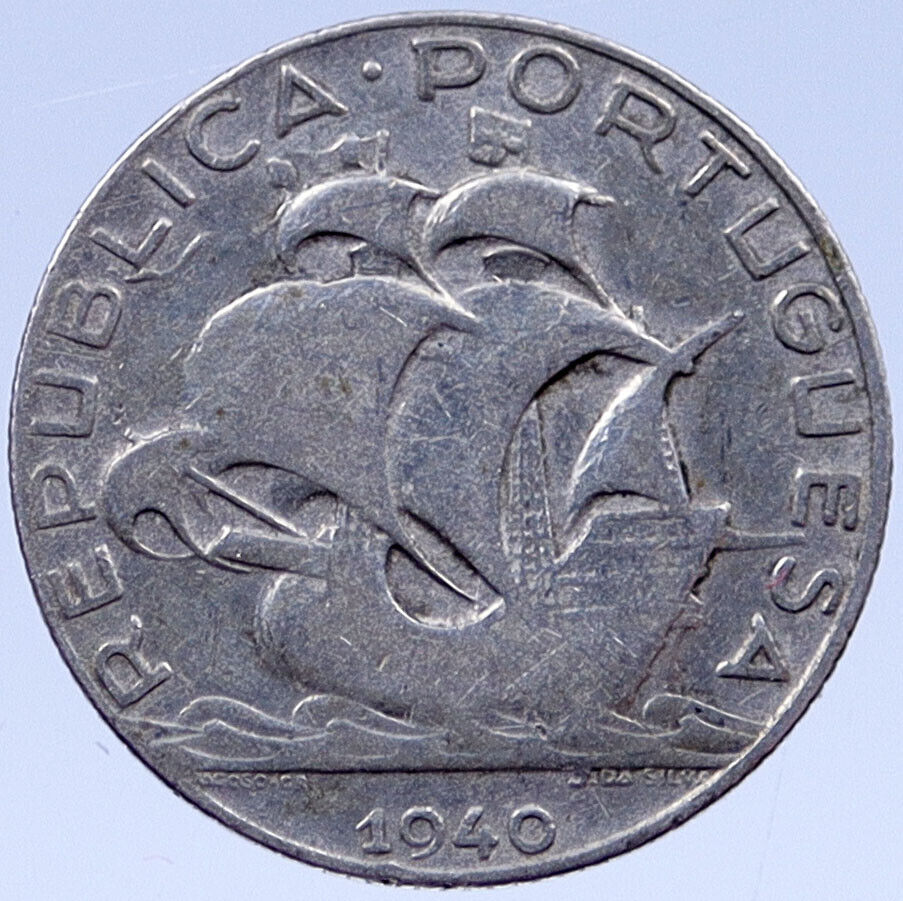 1940 PORTUGAL Silver 2 1/2 Escudos SAILING BOAT SHIP Portuguese Coin i119399