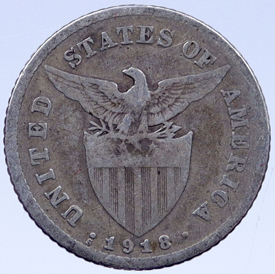 1918 S PHILIPPINES Silver 20 Centavos Under US Administration Eagle Coin i119401