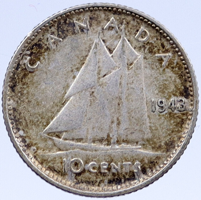 1943 CANADA Silver 10 Cents BLUENOSE SHIP UK King George VI Coin i119390