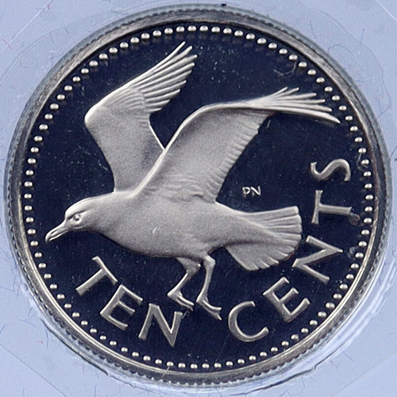 1974 BARBADOS Proof 10 Cents LAUGHING GULL BIRD Vintage ISLAND Coin i118853