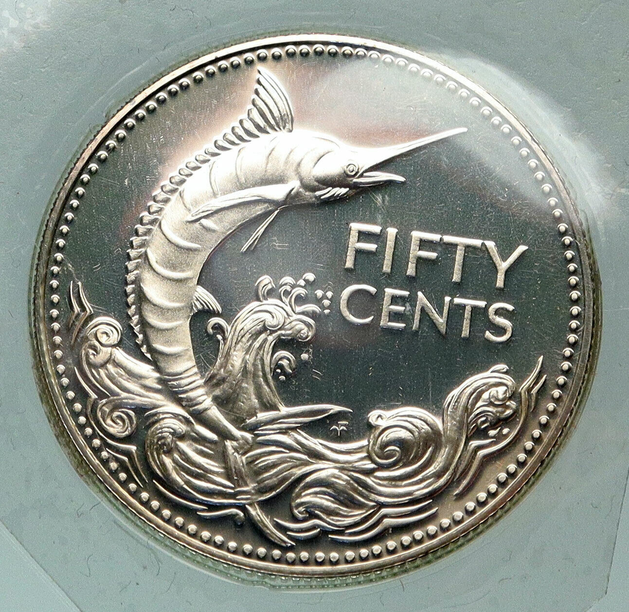 1975 BAHAMAS UK Queen Elizabeth II Marlin Proof Silver Coin 50 Cents Coin i84868