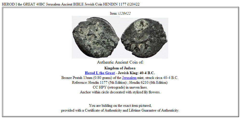 HEROD I the GREAT 40BC Jerusalem Ancient BIBLE Jewish Coin HENDIN 1177 i120422