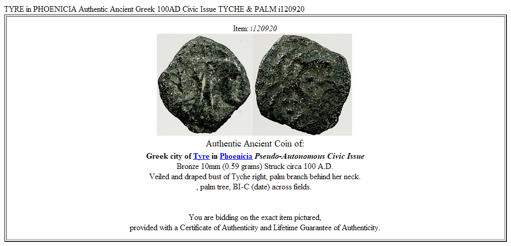 TYRE in PHOENICIA Authentic Ancient Greek 100AD Civic Issue TYCHE & PALM i120920