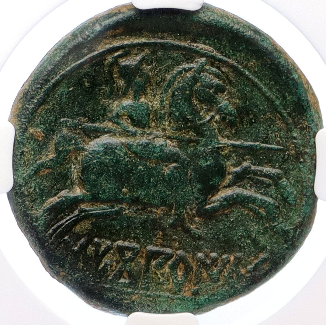 Segobriga Sekobirikes GREEK Spain Horseman Dolphin Rare Ancient Coin NGC i60432