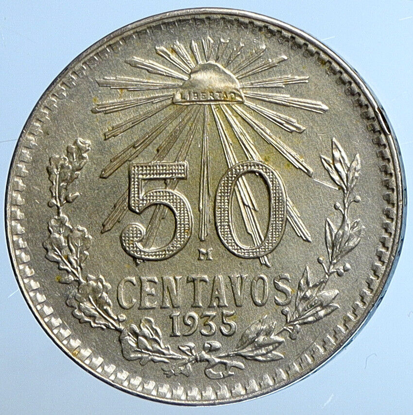 1935 MEXICO City EAGLE CACTUS SERPENT Silver 50 Centavos Mexican Coin i110898