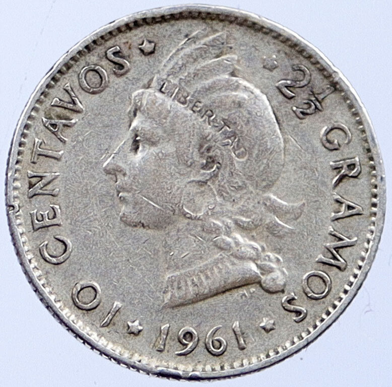 1961 DOMINICAN REPUBLIC Woman of Liberty ANTIQUE Silver 10 Centavos Coin i118986