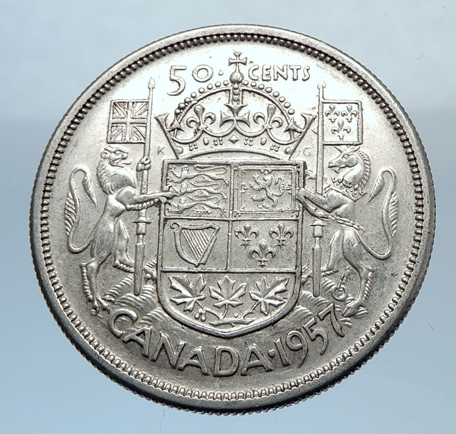 1957 CANADA Large SILVER 50 Cents Coin UK Queen Elizabeth II Coat-of-Arms i71921