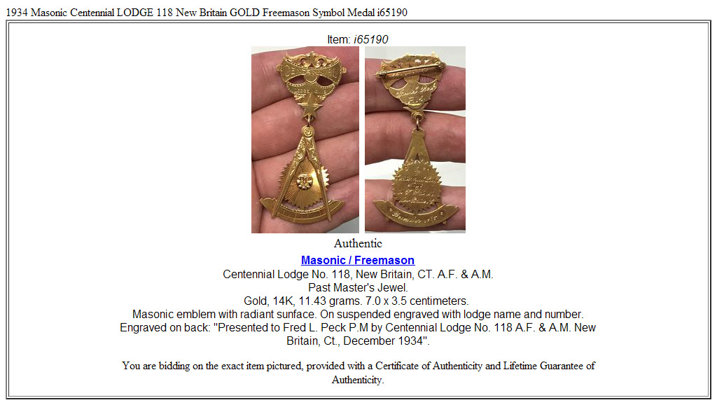 1934 Masonic Centennial LODGE 118 New Britain GOLD Freemason Symbol Medal i65190