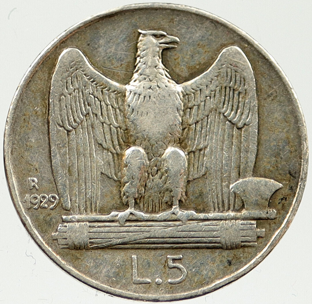 1929 ITALY King Victor Emmanuel III OLD Silver 5 Lire Italian Coin EAGLE i120274