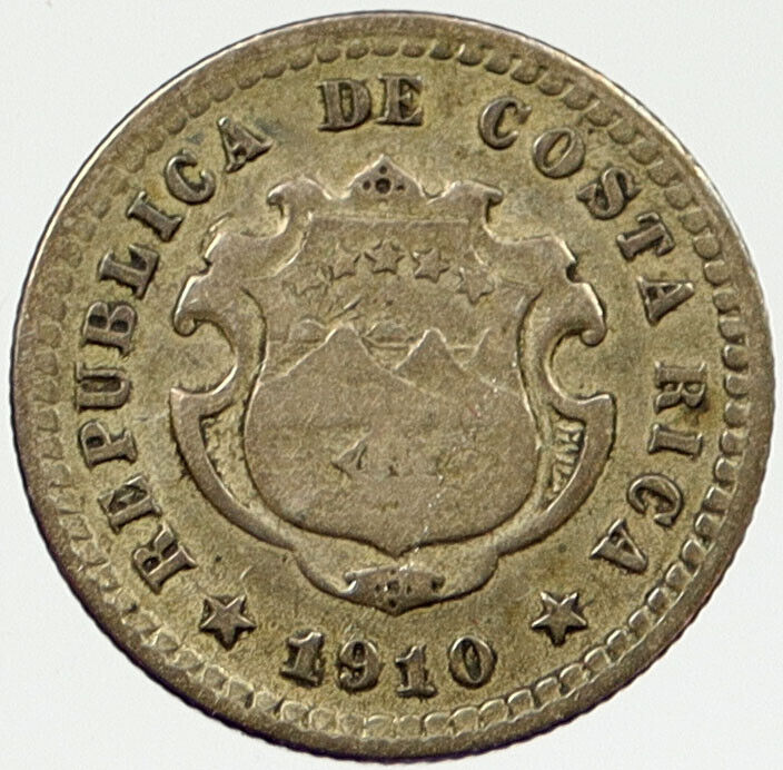 1910 COSTA RICA Silver 5 CENTIMOS Volcano Antique Vintage Original Coin i120276