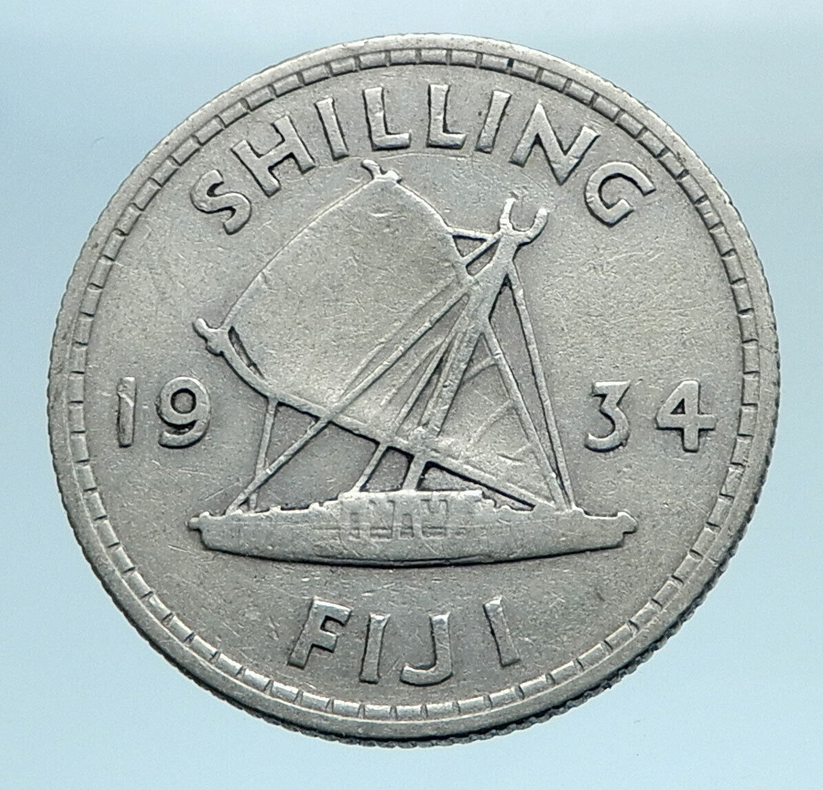 1934 FIJI UK King GEORGE V Outrigger Canoe Genuine Silver Shilling Coin i77766