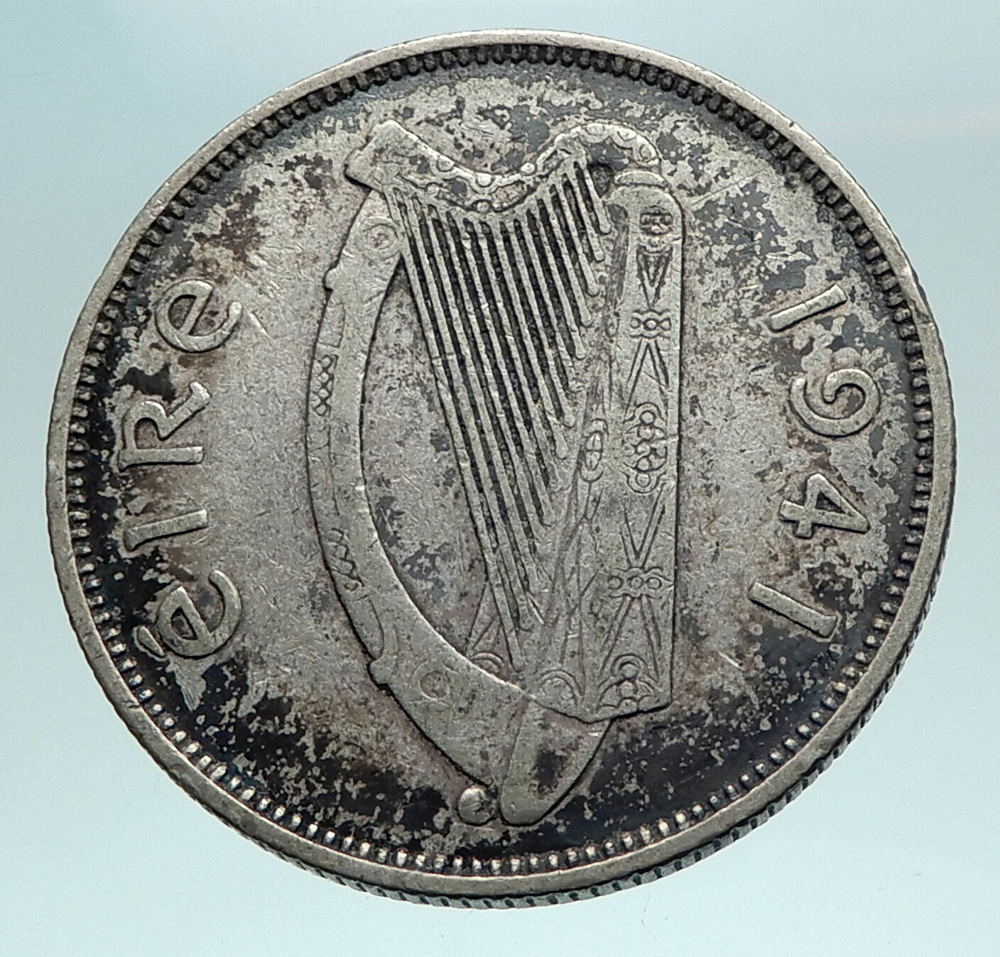 1941 IRELAND w HORSE LYRE HARP Vintage Genuine Silver Florin IRISH Coin i82527