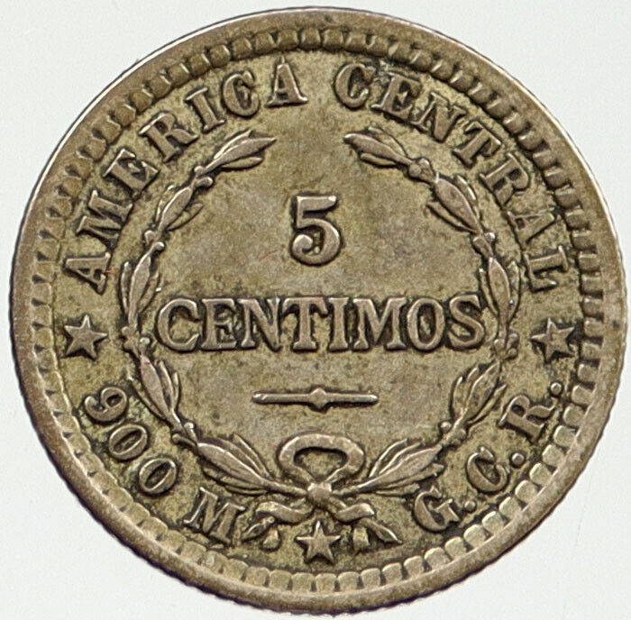 1910 COSTA RICA Silver 5 CENTIMOS Volcano Antique Vintage Original Coin i120276