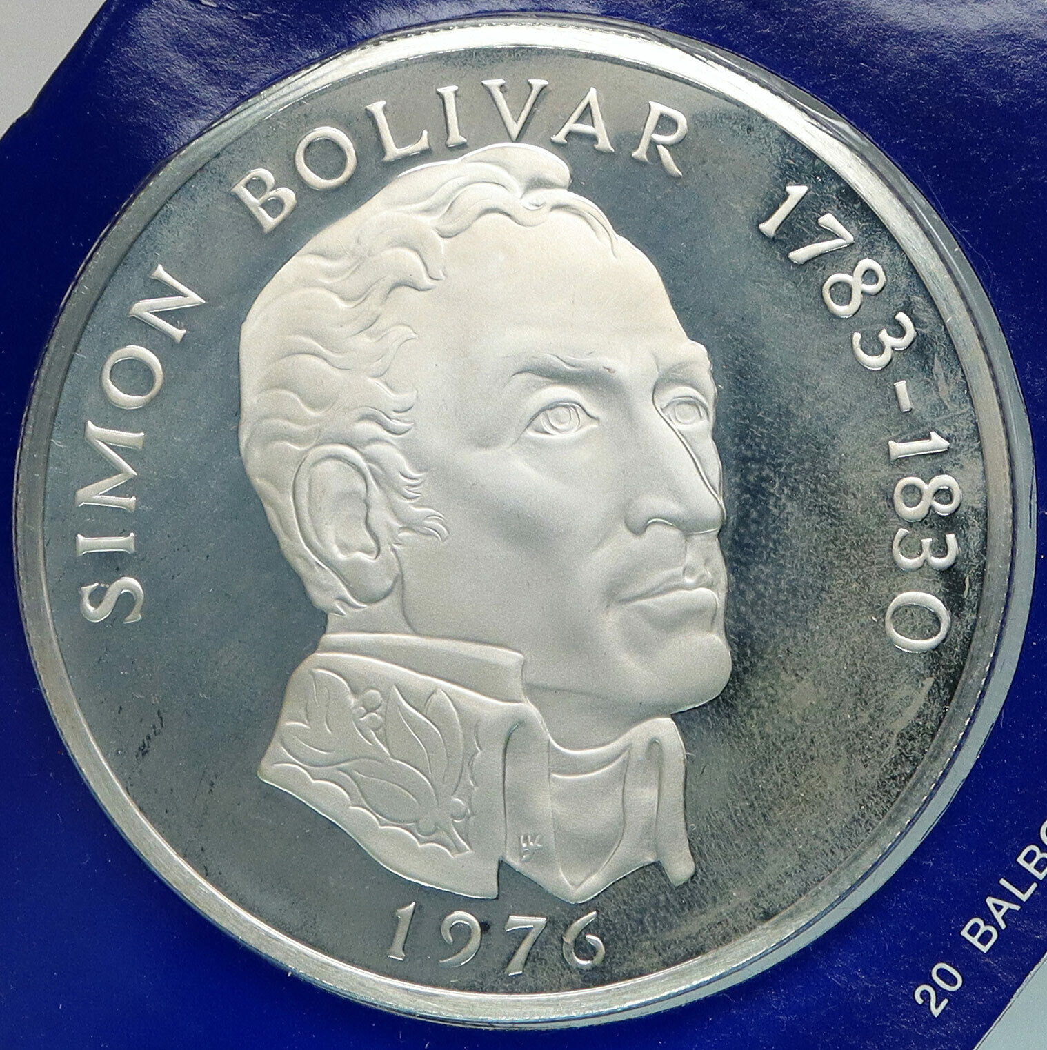 1976 PANAMA Huge 6.2cm Proof Silver 3.8oz 20 Balboas Coin w SIMON BOLIVAR i88762