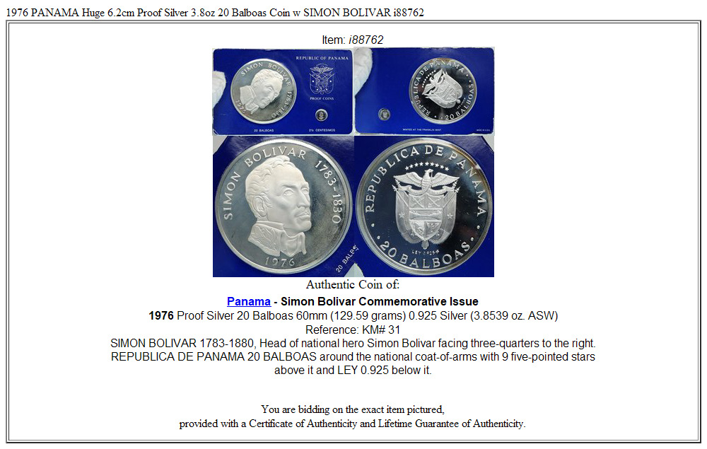 1976 PANAMA Huge 6.2cm Proof Silver 3.8oz 20 Balboas Coin w SIMON BOLIVAR i88762