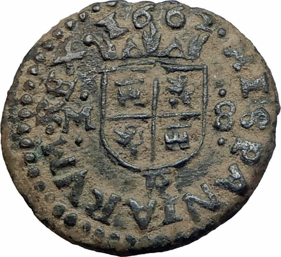 1662 SPAIN King Philip IV Authentic Antique Genuine Spanish Arms Coin i80370