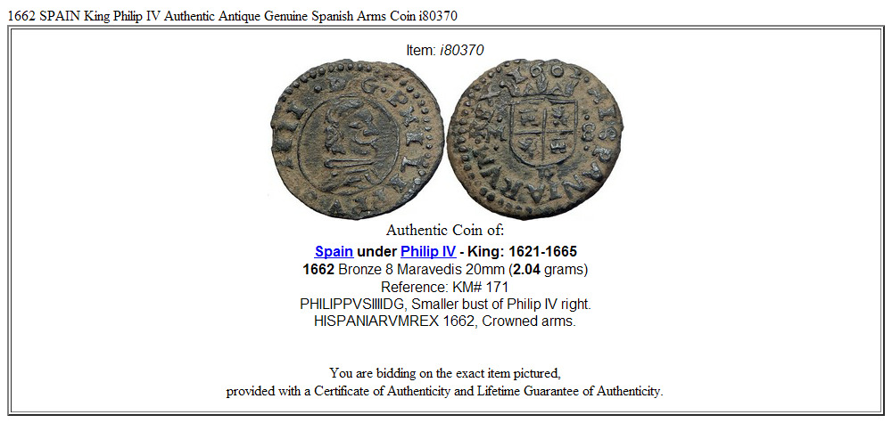 1662 SPAIN King Philip IV Authentic Antique Genuine Spanish Arms Coin i80370