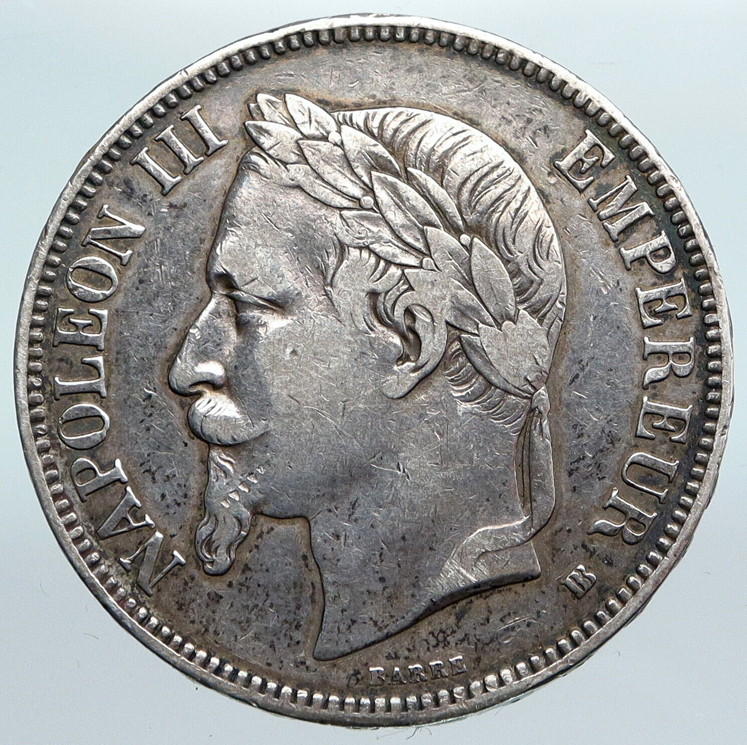 1868 FRANCE Emperor NAPOLEON III Crowned ARMS Silver 5 Francs French Coin i90019