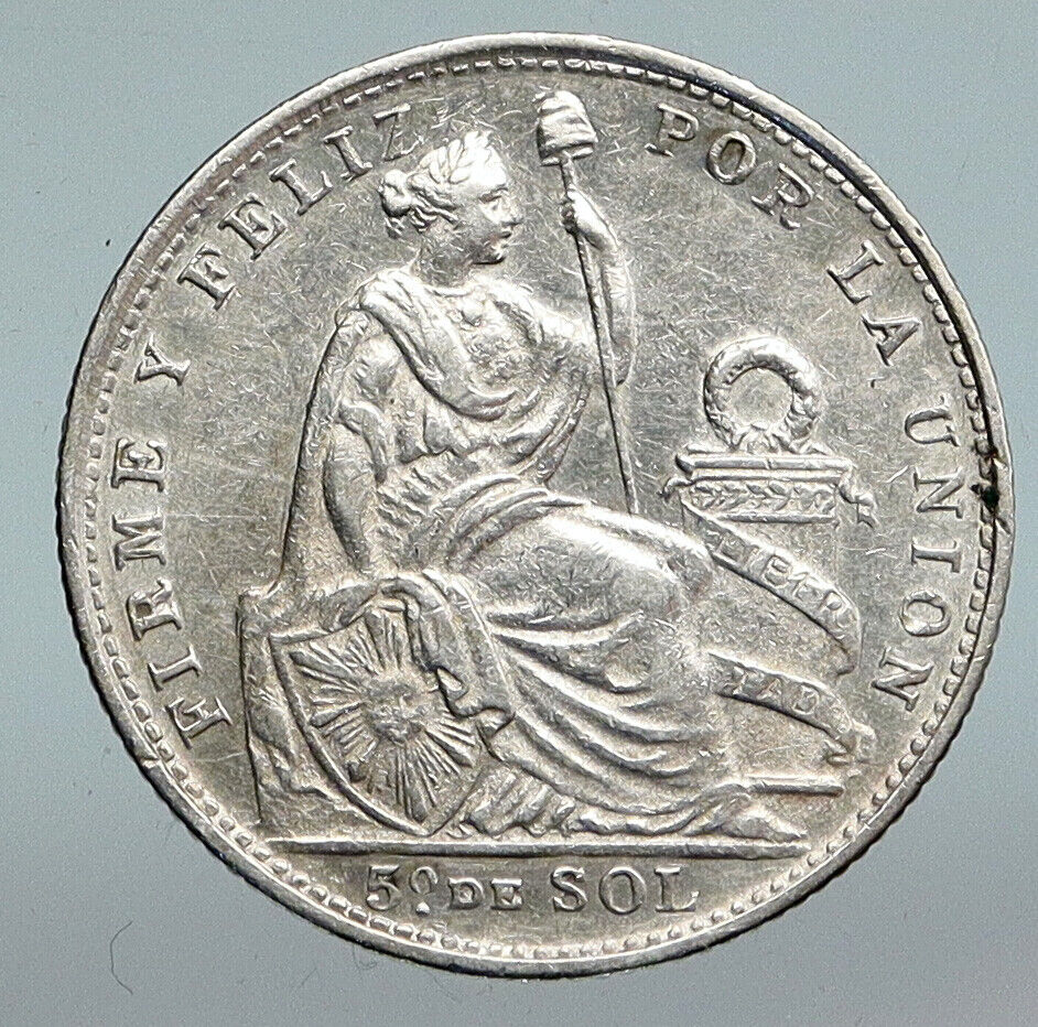 1906JF PERU South America VINTAGE ANTIQUE OLD Liberty Silver 1/5 SOL Coin i90222