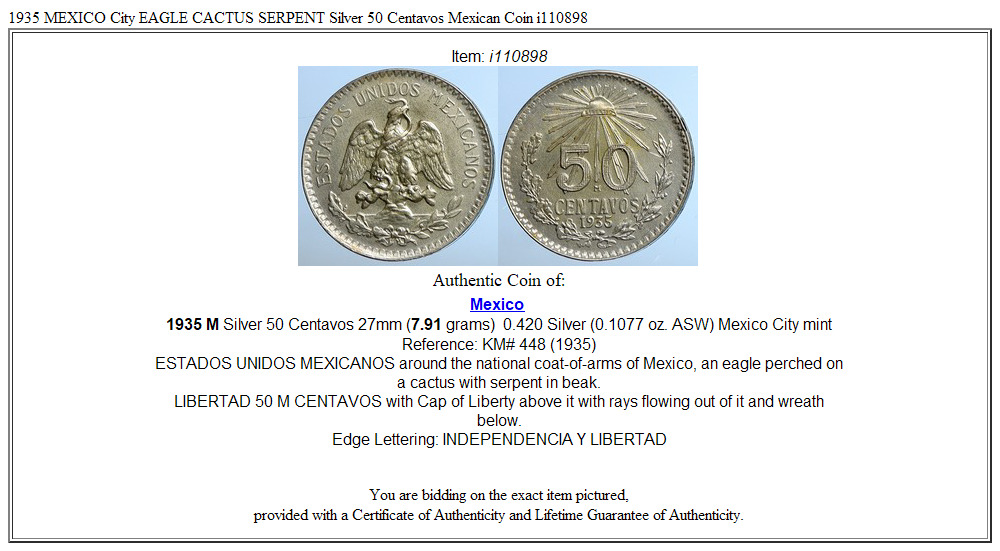 1935 MEXICO City EAGLE CACTUS SERPENT Silver 50 Centavos Mexican Coin i110898