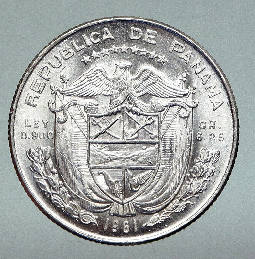 1961 PANAMA Antique VINTAGE Silver Spanish CONQUISTADOR 1/4 Balboa Coin i91251