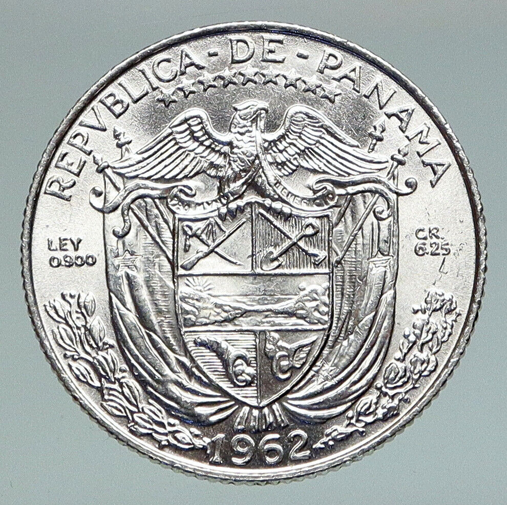 1962 PANAMA Antique Genuine Silver Spanish CONQUISTADOR 1/4 Balboa Coin i91250