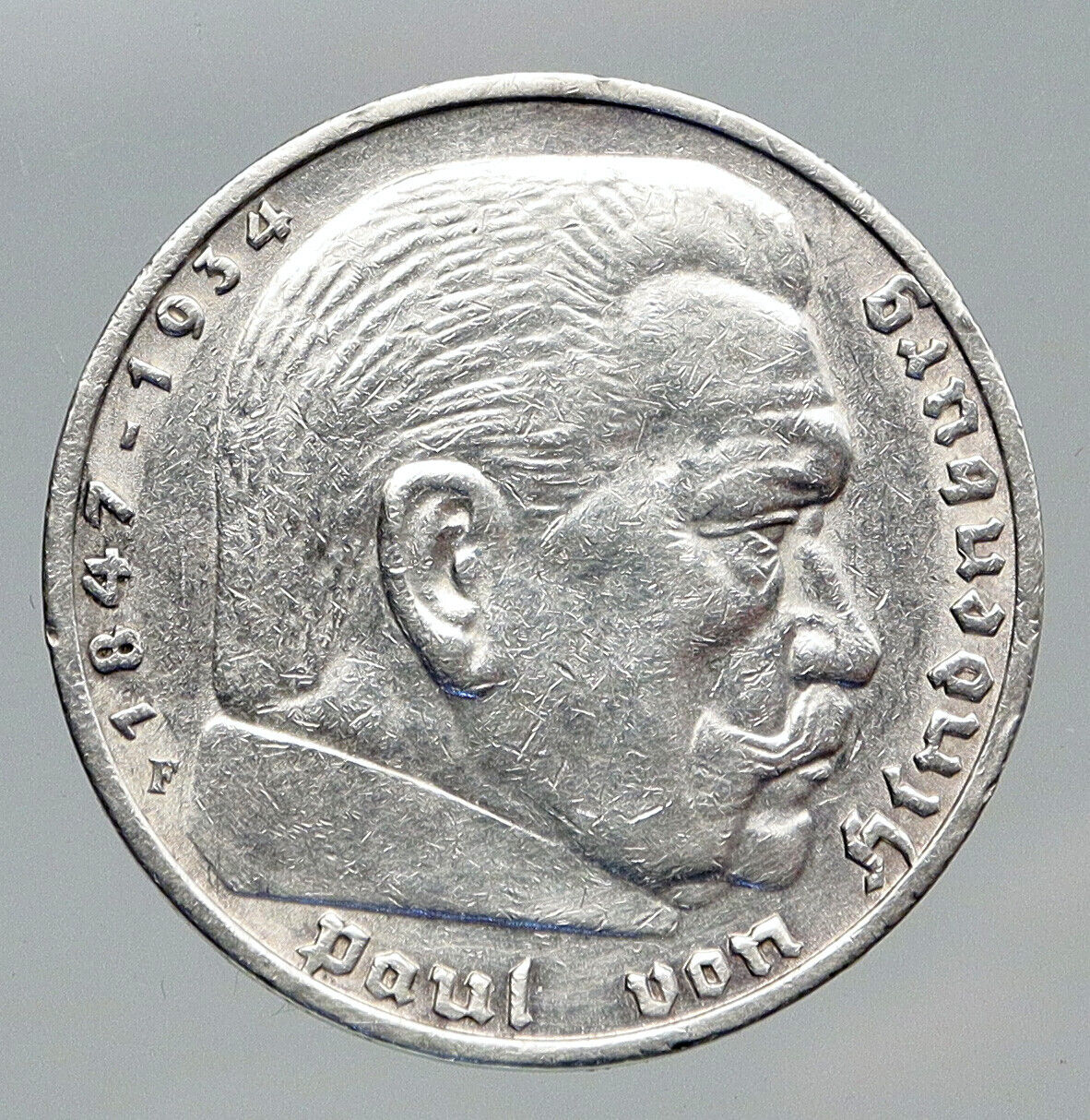 1936F Germany 2nd President Paul von Hindenburg Silver German 5 Mark Coin i91708